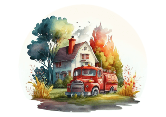 h1Red Truck Watercolor, Fire Engine Illustration for Digital Sellers/h1