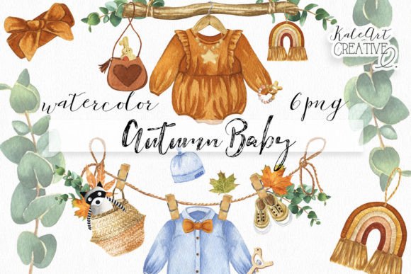 Watercolor Autumn Baby Accessories Illustrations for Cozy Content Branding