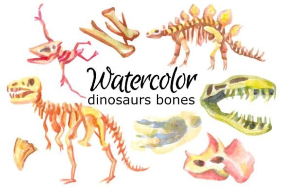 Watercolor Clipart Dinosaur Bones Illustrations for Digital Sellers