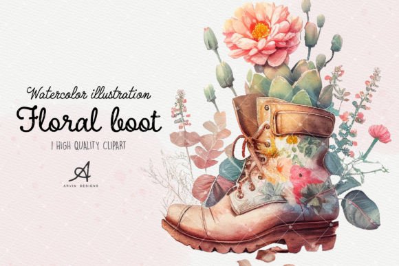 Watercolor Floral Boot Sublimation Design Illustrations for Creative Sellers