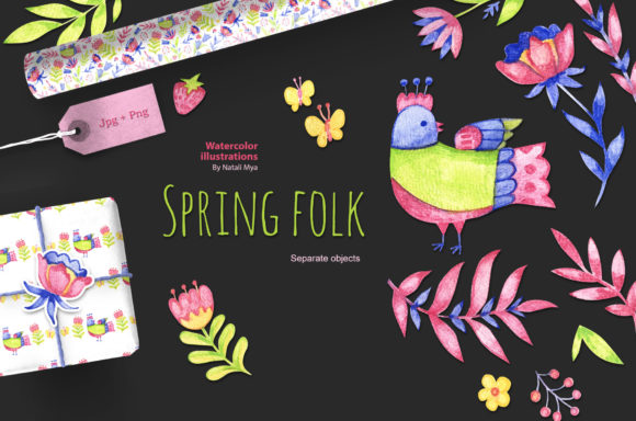 Watercolor Spring Folk Painting Clipart for Real-World Design Projects